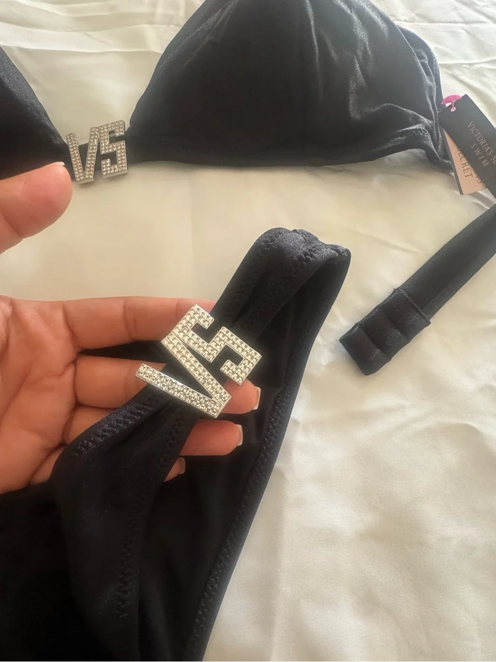 Victoria's Secret Black Rhinestone VS Logo Triangle Bikini